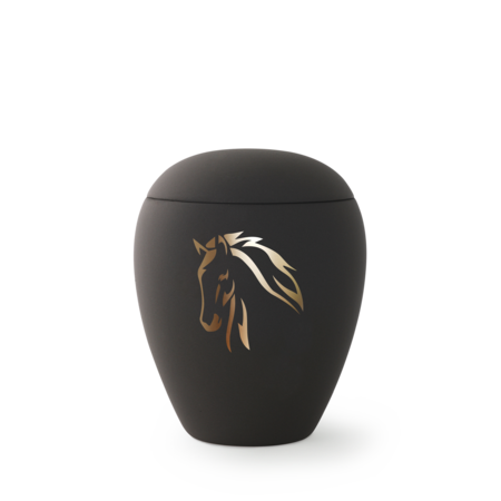 Schwarze Urne mit Pferdekopf