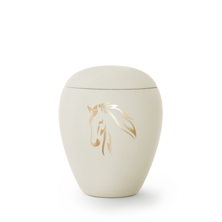 Weiße Urne mit Pferdekopf